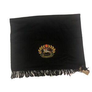 Burberry Scarf Black Stole Embroidered Crest 100% Cashmere Scotland 87x27" NEW
